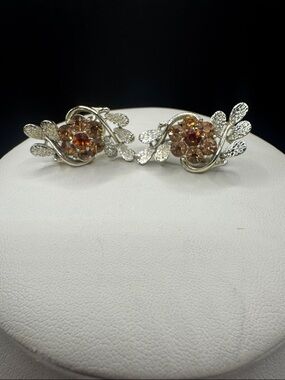 Coro Vintage Silver-Tone Floral Cluster Clip Earrings with Amber Crystals
